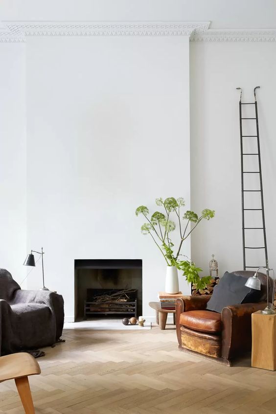 a wlecoming living room with a minimalist fireplace, a couple of chairs, greenery, a ladder and a black lamp