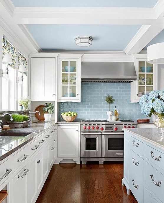 an elegant powder blue and white kitchen with touches of metallic shades and floral patterns for a chic look