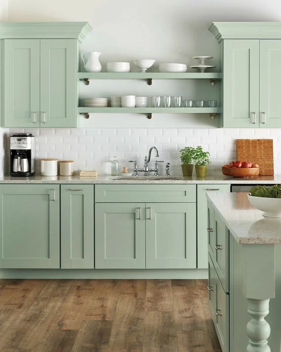 02 A Beautiful Farmhouse Kitchen In Mint Green With Shaker Cabinets Open Shelves White Subway Tiles And Vintage Fixtures 