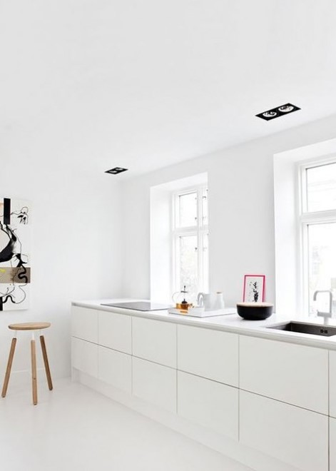 a simple minimalist kitchen with sleek white cabinets and white countertops plus some black touches for drama