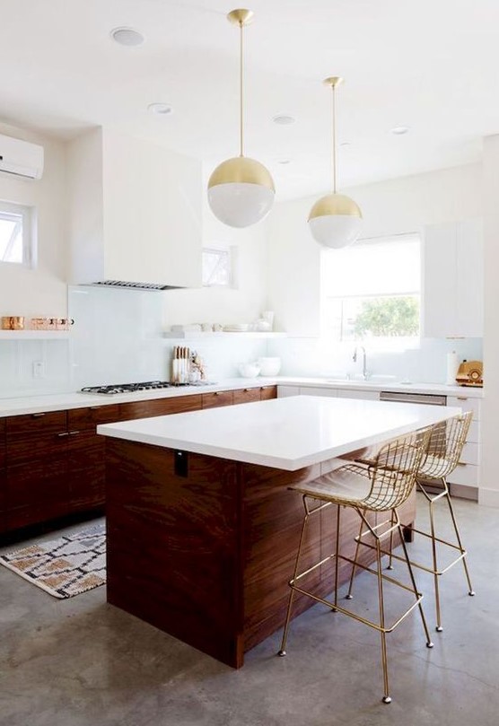 dark-stained wood and white cabinets plus metallic touches for a mid-century modern space