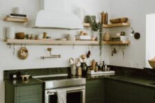 a cute green white kitchen design