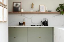 a lovely kitchen with long shelves