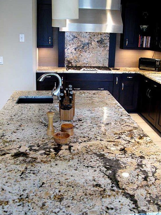 a delightful navy kitchen with a granite backsplash and countertops plus modern stainless steel appliances is amazing