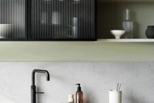 a refined contemporary kitchen with dark-stained cabinets and black fluted glass ones, open shelves and matte black fixtures