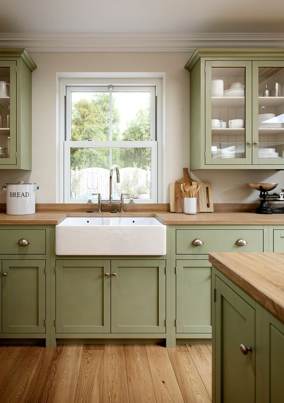 Best Sage Green Kitchen Cabinets Paired with Butcher Block Countertops