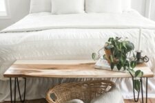 02 a lovely Scandi bedroom with a white bed and bedding, a simple hairpin leg bench and a basket is a cool space