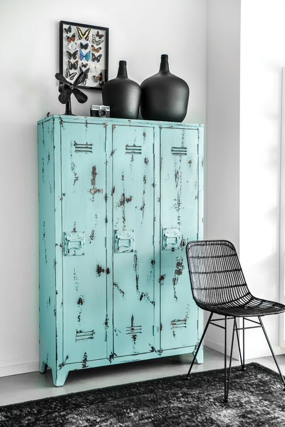 bold turquoise lockers with a shabby chic touch are an amazing idea to add a bit of color and a wabi-sabi feel