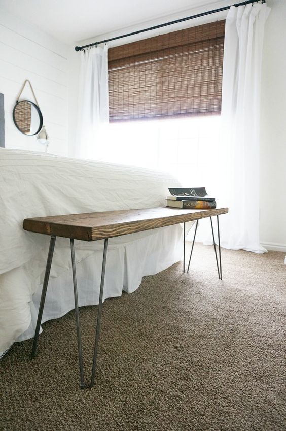 a simple rustic bench with hairpin legs will match or a rustic or boho space easily