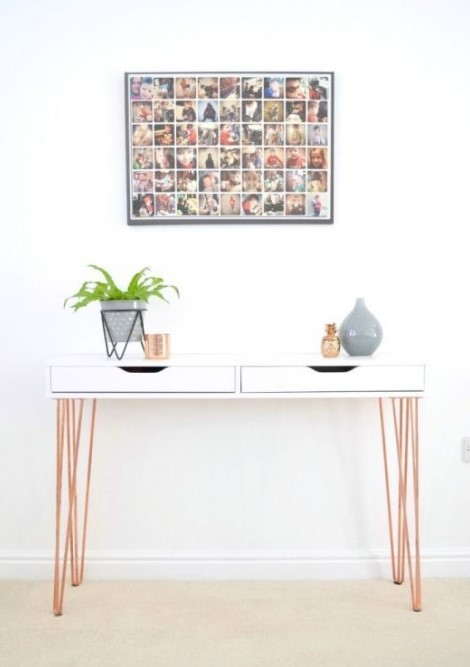 a chic Ekby Alex hack into a modern console with copper hairpin legs is a cool idea for every entryway