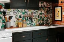 17 such a bold wallpaper backsplash is a great idea to add color to a monochromatic kitchen