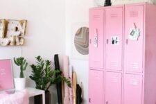 19 a lovely glam home office with hot pink lockers, a desk with casters and a pink fur chair, some gold touches and decor