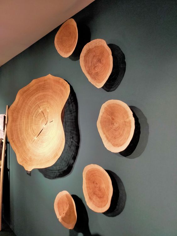 a creative and bold wood slice wall art of a large statement piece and some smaller ones around is a stylish rustic decor idea