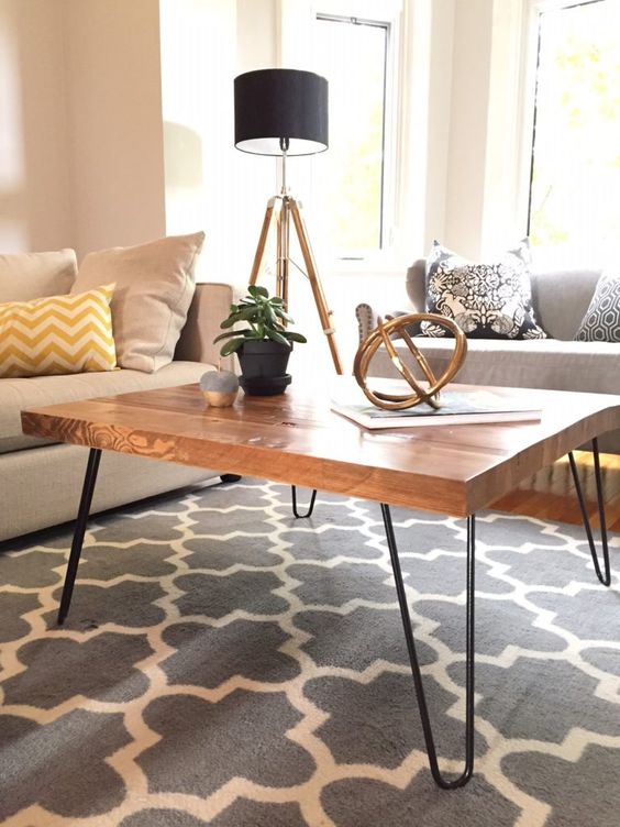 a large butcherblock hairpin leg coffee table is a cool idea for a mid-century modern or boho interior