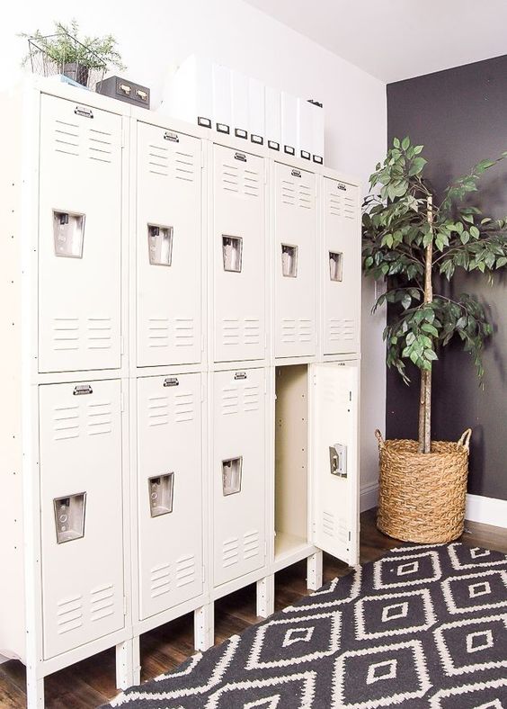 a Scandinavian space with white lockers, a printed rug, potted greenery is a lovely space to be in, it looks very stylish