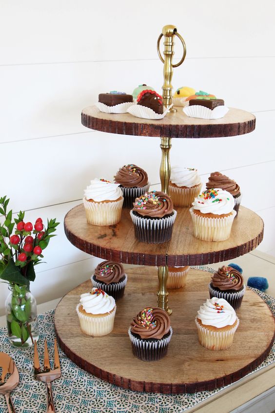 a three-tier tree slice stand is great for serving desserts, it's a very cool rustic piece for your home