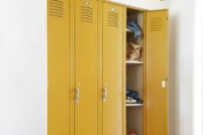 36 built-in mustard lockers are a nice storage idea for a mudroom or entryway, they will add a touch of bold color