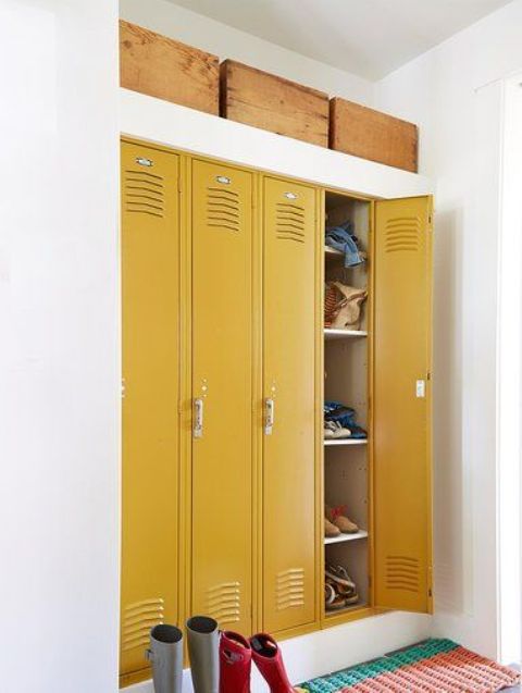built-in mustard lockers are a nice storage idea for a mudroom or entryway, they will add a touch of bold color
