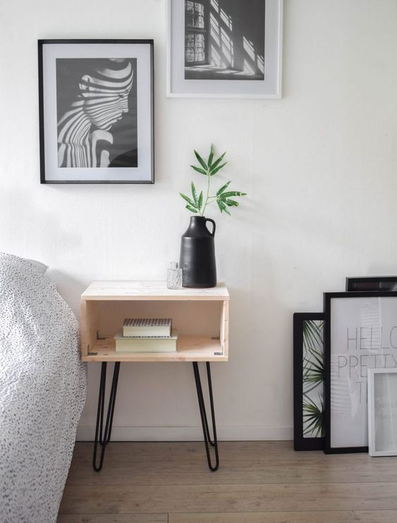 a simple Scandinavian nightstand with black hairpin legs will be a perfect match for a Scandi space, and you can DIY it