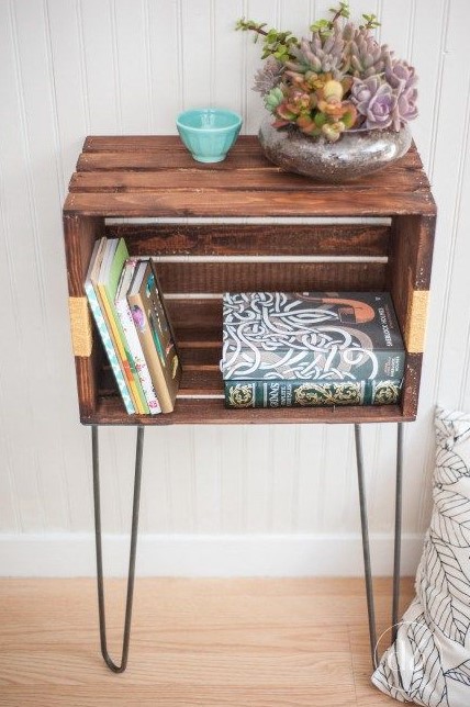 a stylish small side table made of a rich stained crate and hairpin legs can be also used as a nightstand