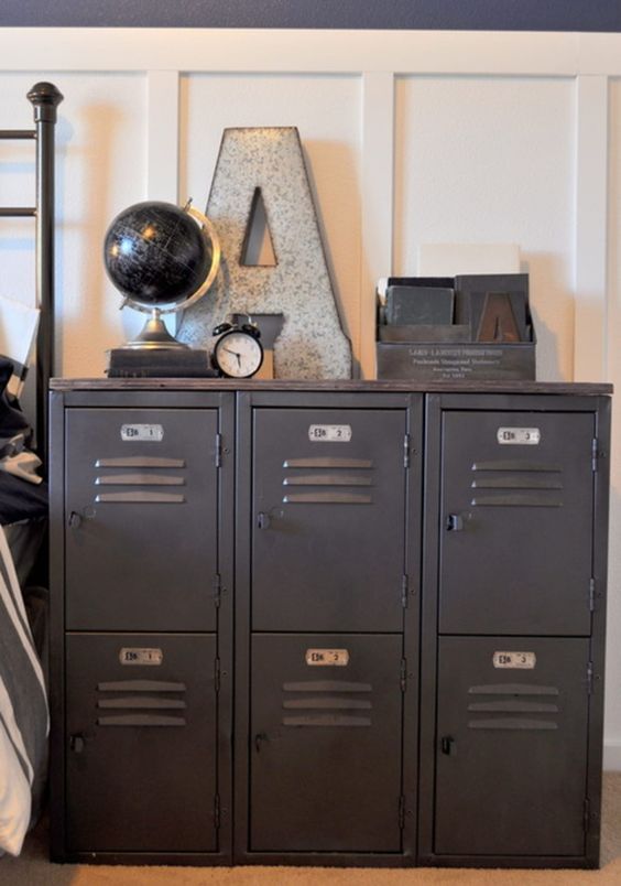 black lockers as an alternative to a usual dresser or nightstand are a cool idea for an industrial kid's room