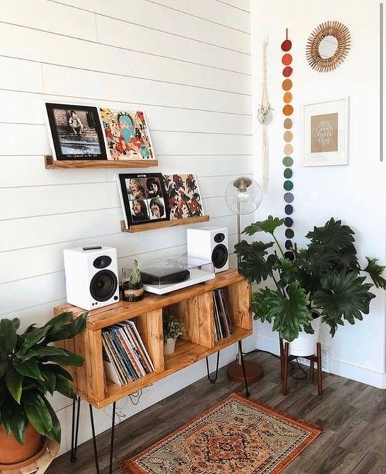 a beautiful and stylish music console of a crate box with hairpin legs will perfectly match a boho or mid-century modern space