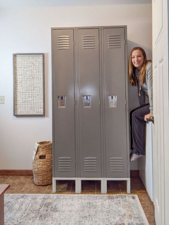 stylish grey lockers are a nice match for many interiors, not only industrial or mid-century modern ones