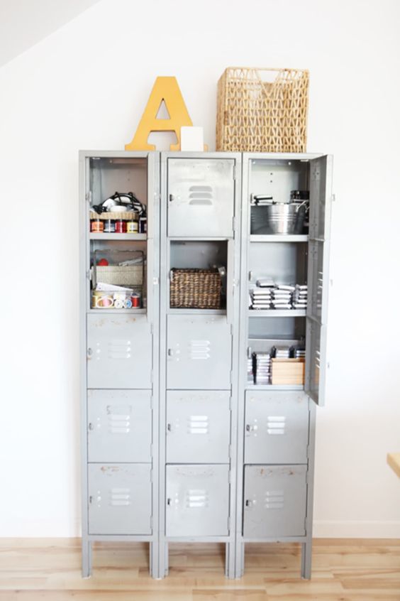 three grey lockers will be a perfect fit for an industrial, modern or Scandinavian space