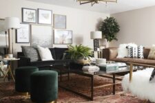 a boho living room with a black sofa, a low coffee table, a brown leather sofa, a boho printed rug and green poufs