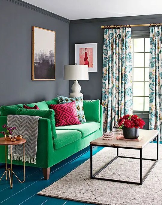 a bold green velvet Stockholm sofa is a chic way to add color to your interior, it looks as a bold and cool statement