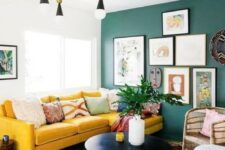 a lovely living room with a yellow sofa