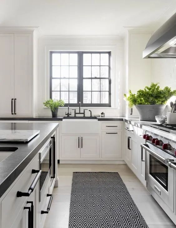 a stylish black and white farmhouse kitchen with shaker cabinets, black countertops, black frame double-hung windows, lots of greenery