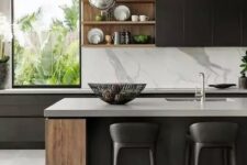 a super refined contemporary kitchen with sleek black cabinets, stained wood elements, white stone coutnertops and a backsplash