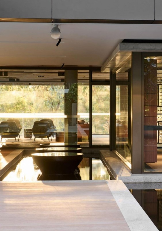 golden oak decking, a pond, black bowls with water create a minimalist and chic space with a sleek and edgy feel