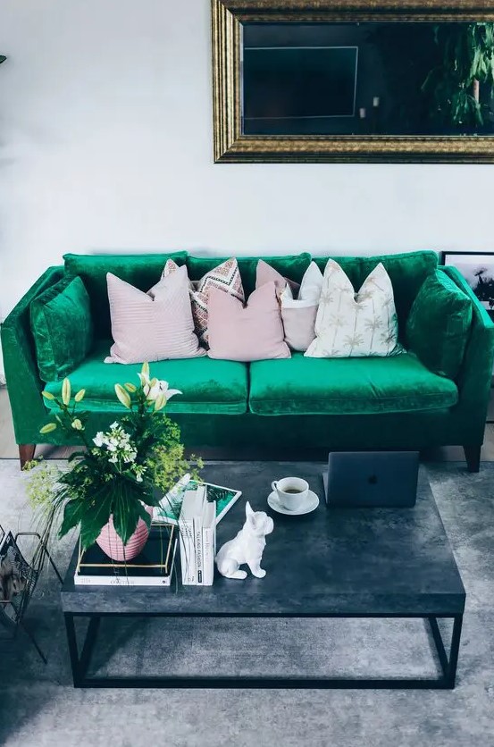 velvet is one of the current trends, and choosing a Stockholm sofa in emerald velvet is a gorgeous idea
