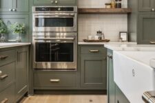 a cozy green shaker style kitchen