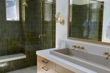 a cozy farmhouse bathroom design with an olive green wall