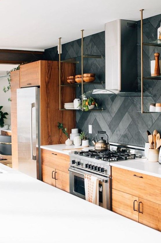 a farmhouse kitchen with stained cabinets and white countertops, a grey tile backsplash, suspended shelves instead of upper cabinets