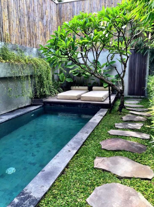 a gorgeous small backyard with a plunge pool, a living tree and some loungers, grass and stone tiles is welcoming and refreshing a gorgeous small backyard with a plunge pool, a living tree and some loungers, grass and stone tiles is welcoming and refreshing