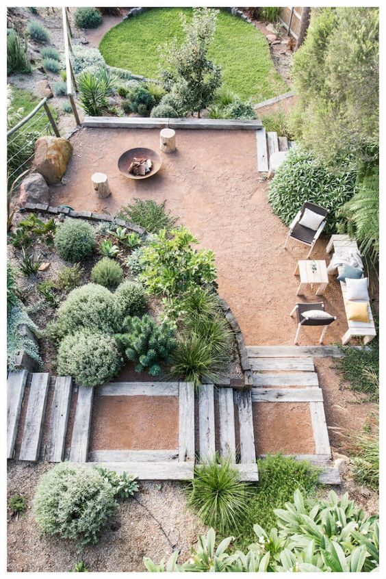 a small multi zonal garden with a terrace and steps, with greenery and shrubs and a fire bowl, some chairs and stools a small multi-zonal garden with a terrace and steps, with greenery and shrubs and a fire bowl, some chairs and stools