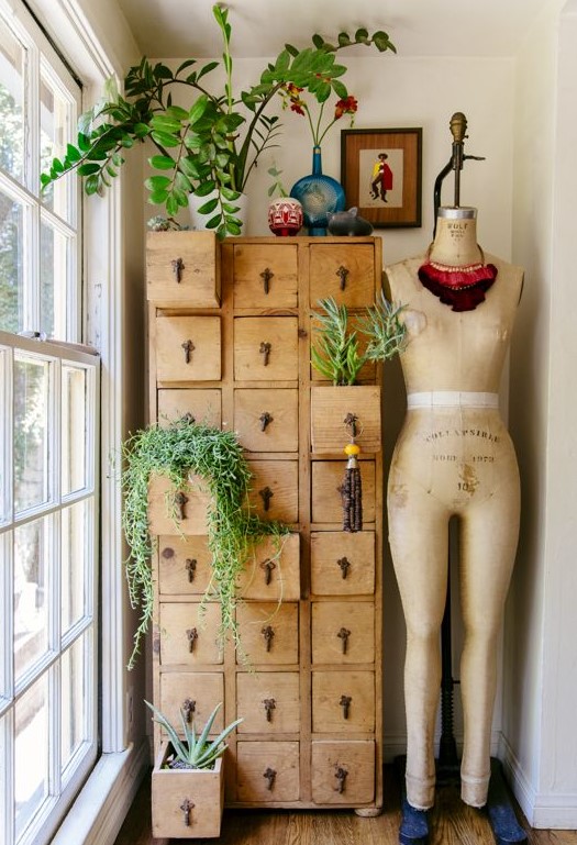 a vintage stained card cabinet as a storage unit and a plant stand is a lovely and cool idea for a vintage-infused space