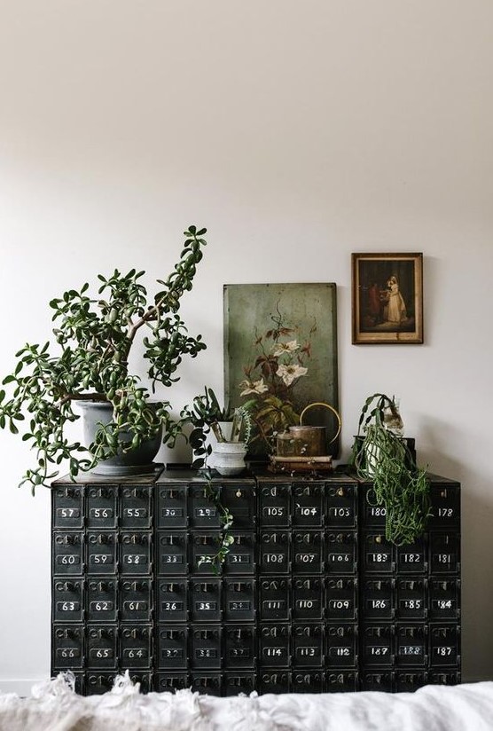 a gorgeous black vintage card cabinet with potted plants and vintage artwork will instantly turn your space in a refined vintage one