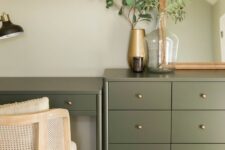 40 a pretty olive green dresser and a matching desk with gold knobs beautifully blend with a farmhouse space and add a delicate touch of color