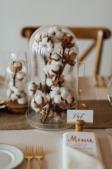 a couple of cloches with cotton branches are a cool and lovely decoration or a centerpiece for any home, they look very cozy and lovely