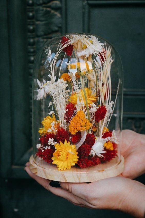 a super bold cloche arrangement of dried orange and burgundy blooms plus some neutral ones and grasses is an amazing idea for the fall