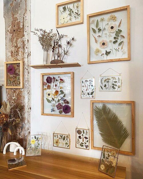 a whole gallery wall with bold pressed blooms in light stained and gilded frames is amazing for any space