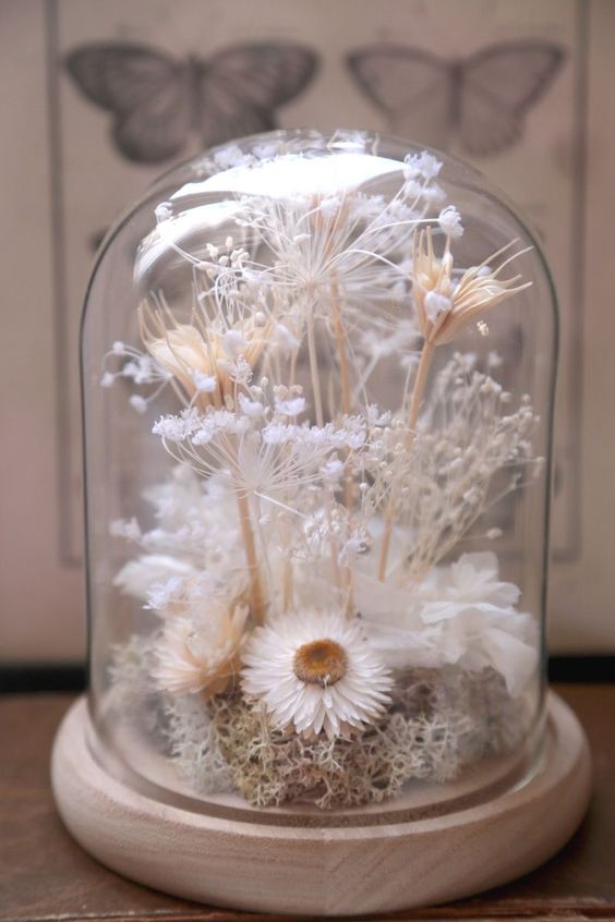 an airy and beautiful cloche filled with moss, dried white blooms and grasses is a stylish and pretty idea for a spring or summer space