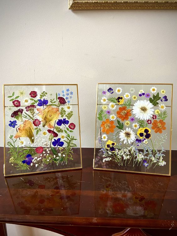 bright pressed blooms and leaves in gold frames are super cool and colorful decorations to rock in any space