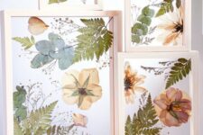 pressed flowers, leaves and foliage in light-stained frames will be a great rustic or boho home decor idea