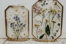 pretty geometric-shaped frames with pressed neutral and pastel blooms and greenery are amazing for home decor